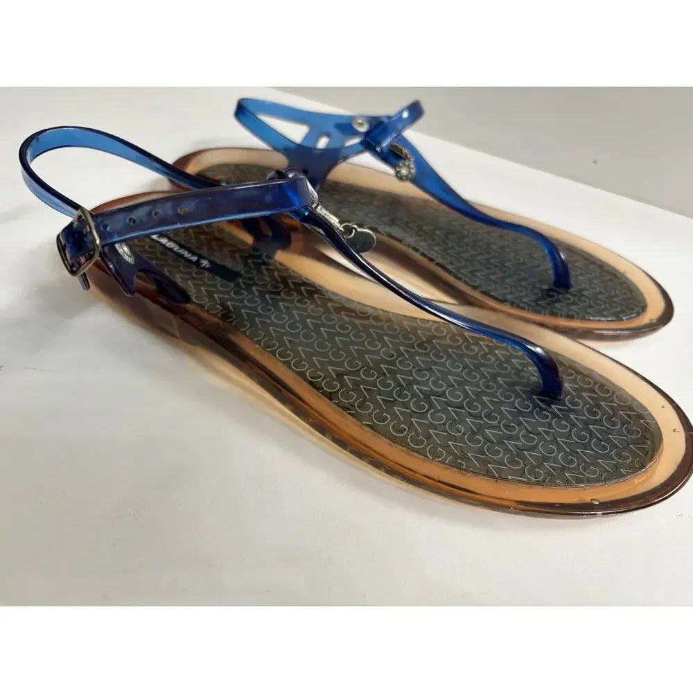Laguna Women's Blue Jelly Thong Sandals Slingback T-Strap Buckle Logo Size 9 - Picture 2 of 6